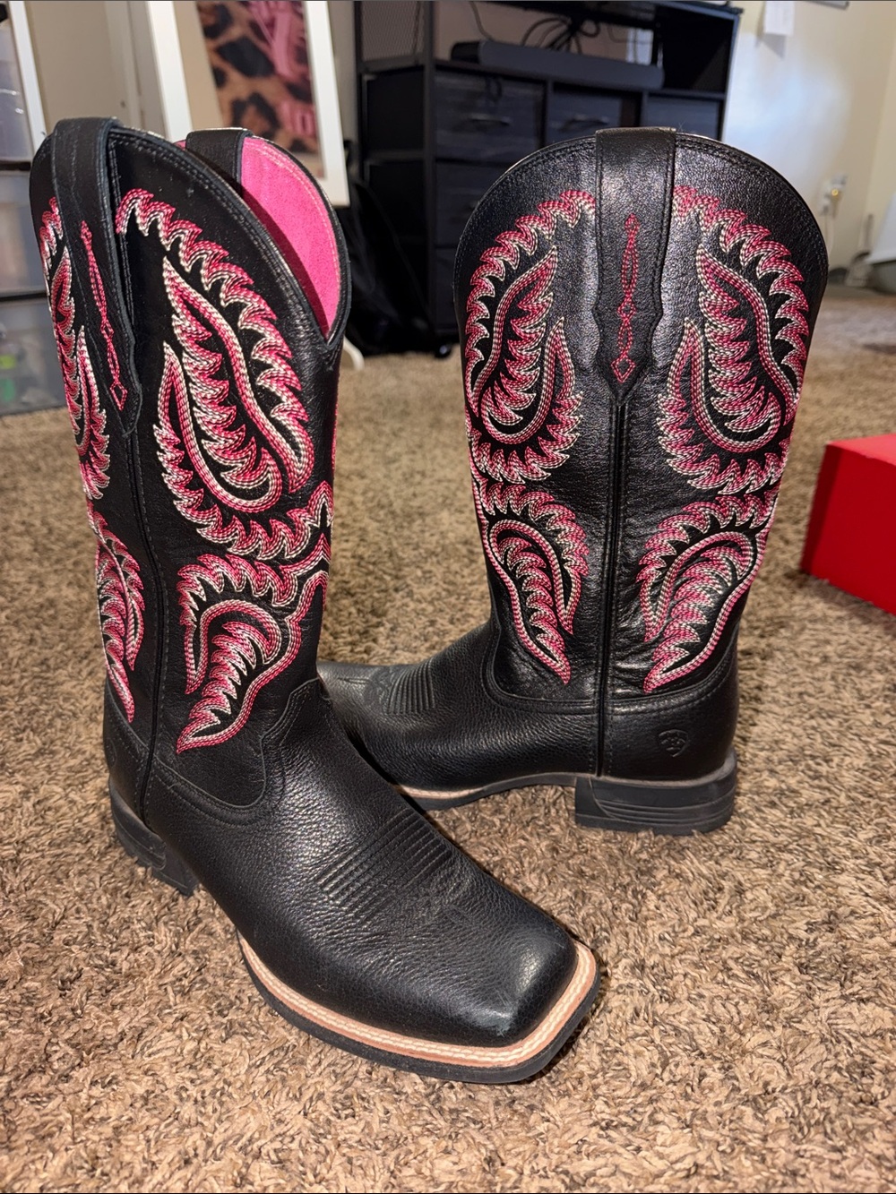 Ariat Black Leather Western Boots with Pink Embroidery - Picture 2 of 5